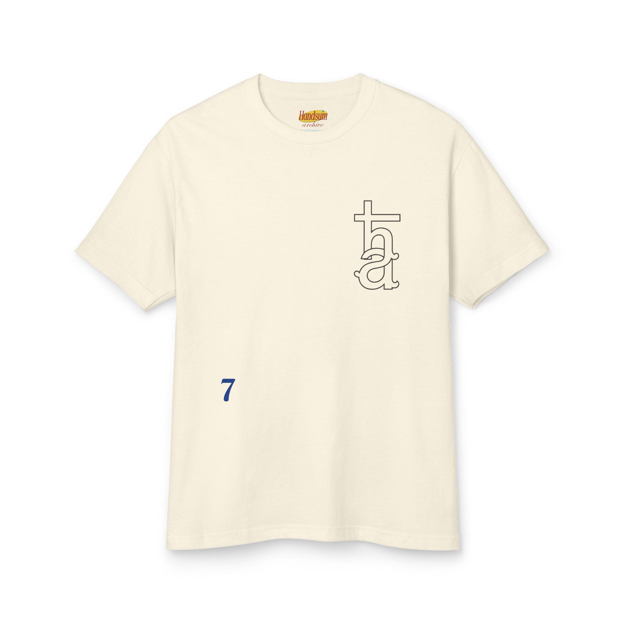 Cream graphic T-shirt front with tall monogram and small blue number 7
