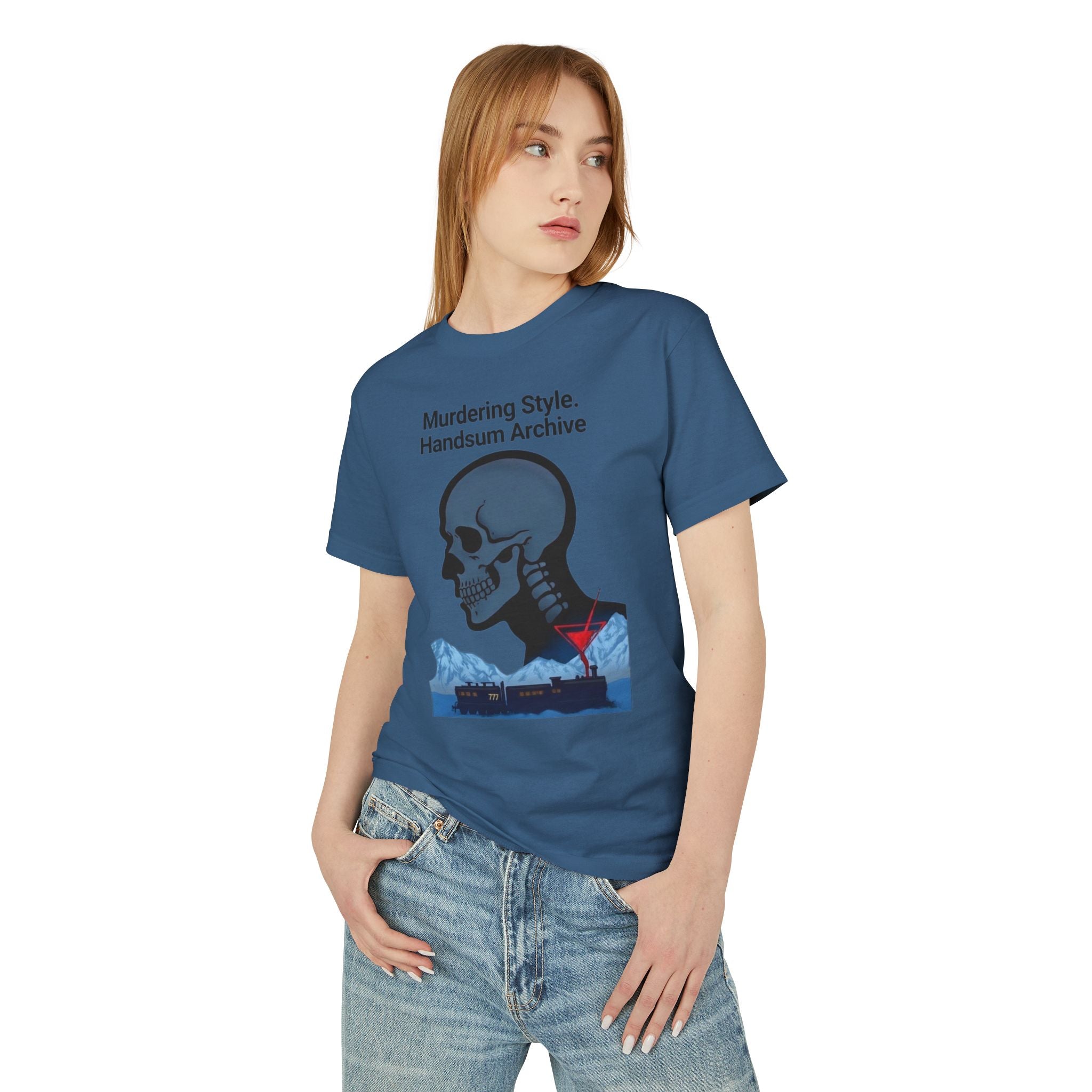 Blue crewneck graphic tee with skull and hands Archive front print