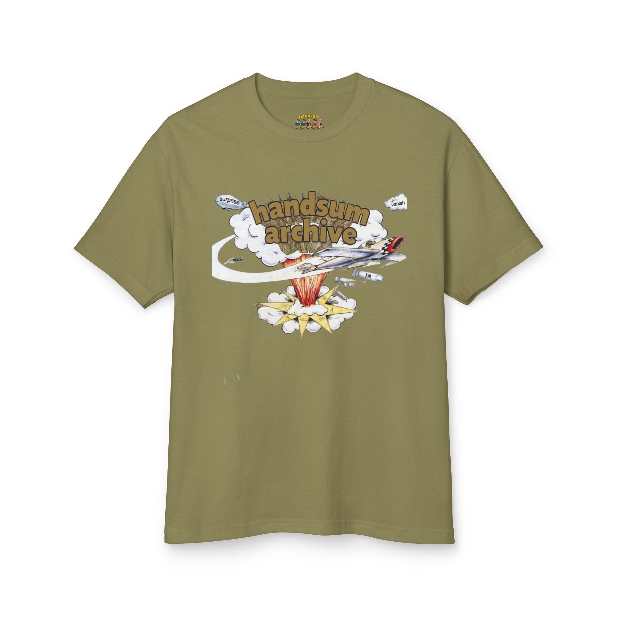 Olive green graphic tee with handsum archive artwork on the front