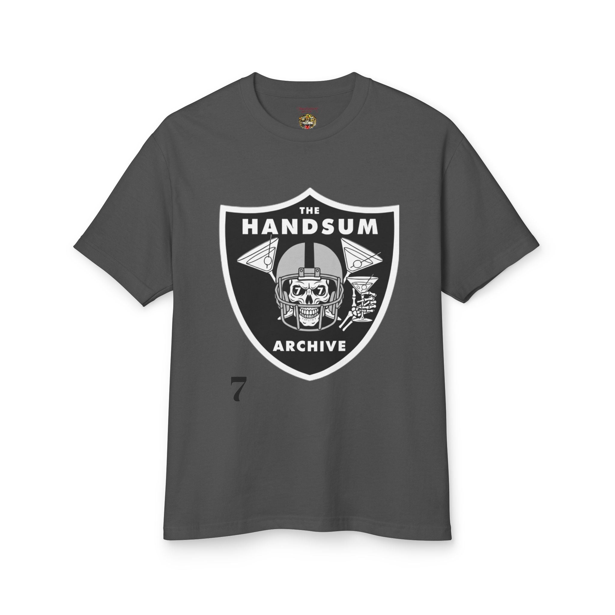 Faded black crewneck T-shirt with “Handsum Archive” shield graphic and small “7”