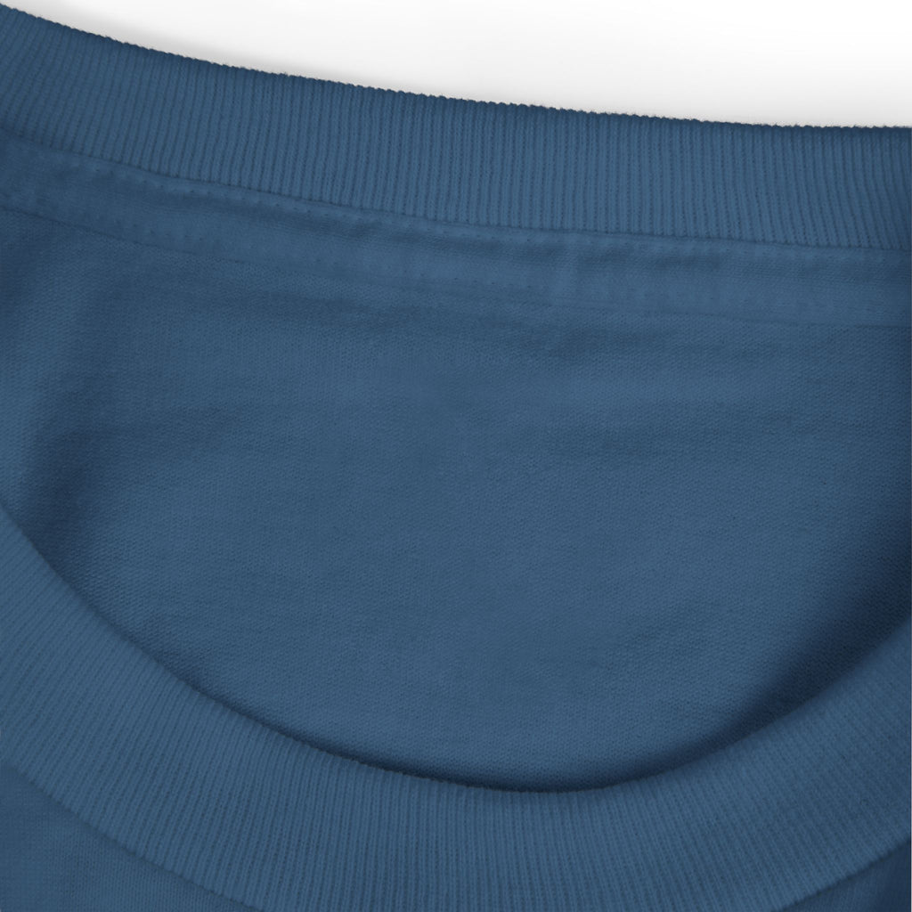 Navy crewneck teacher T-shirt fabric close-up with ribbed collar