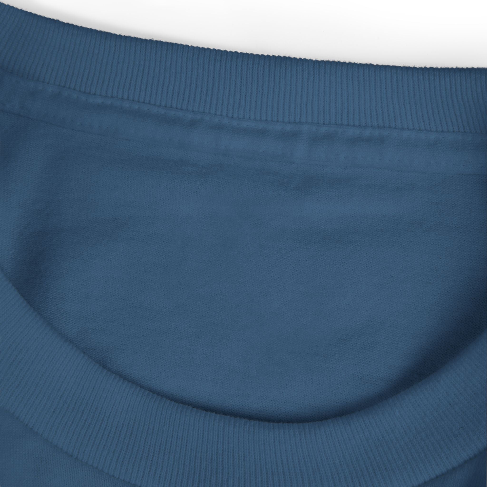 Navy crewneck teacher T-shirt fabric close-up with ribbed collar