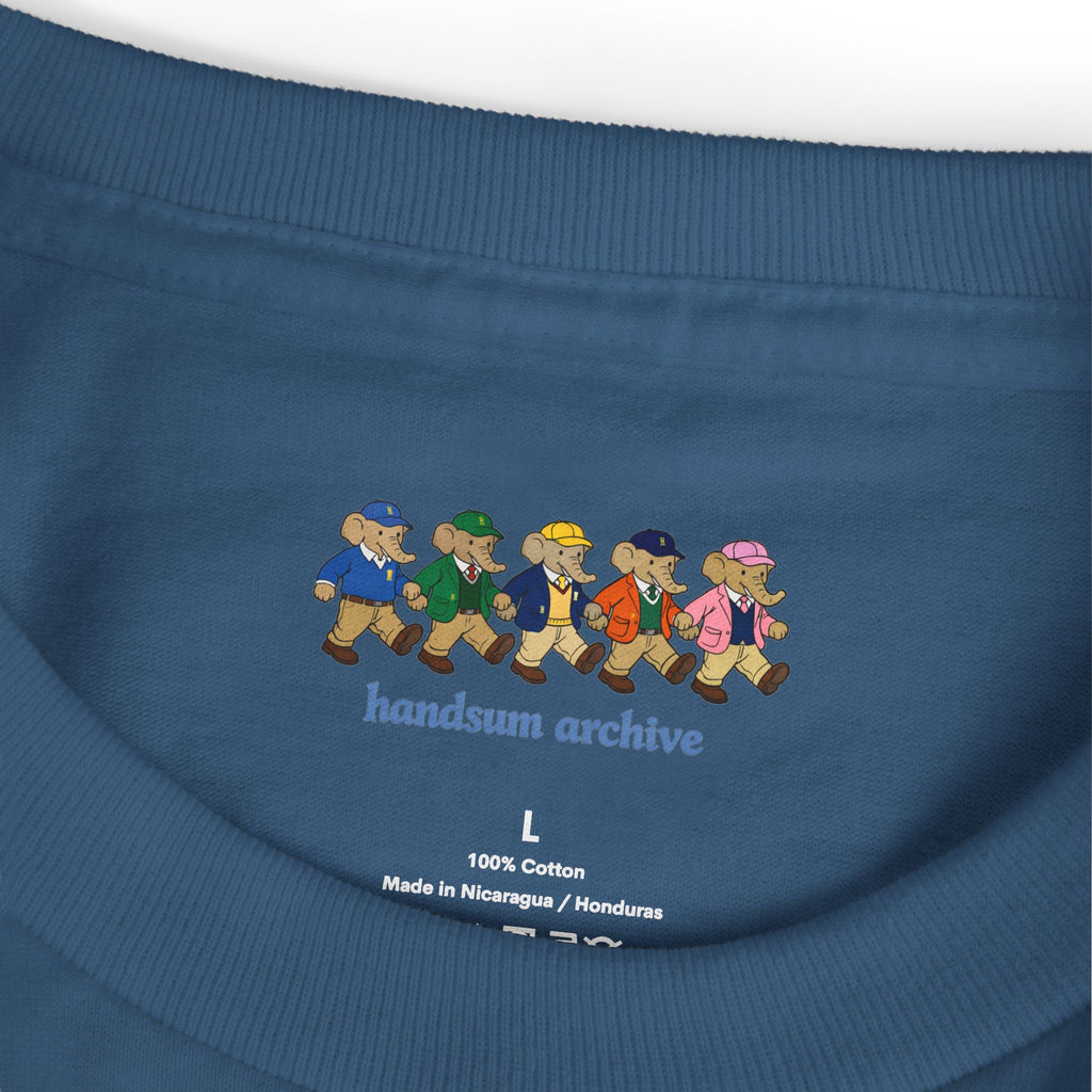 Blue T-shirt neck label: L, 100% cotton, made in Nicaragua/Honduras