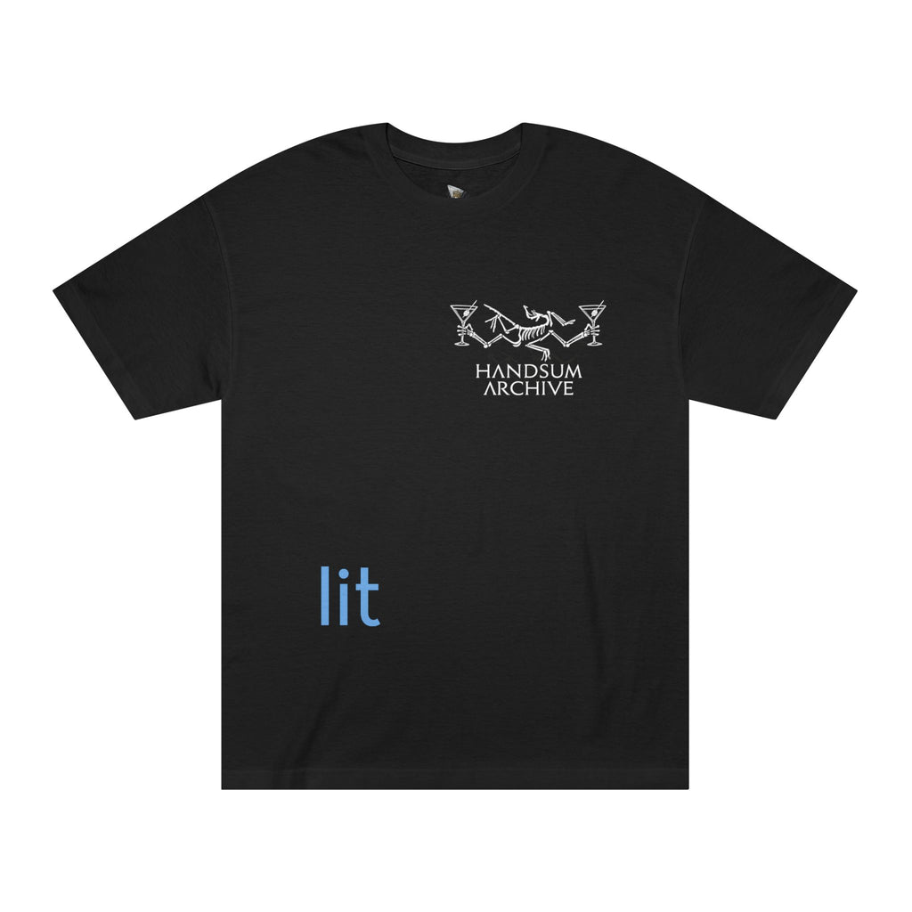 Black T-shirt front view with white chest graphic and blue “lit” print