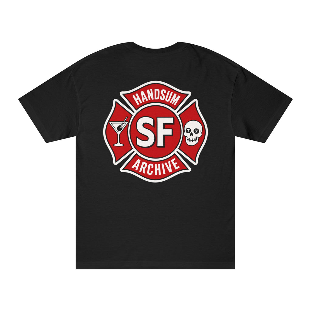 Black T-shirt back view with red and white SF badge logo