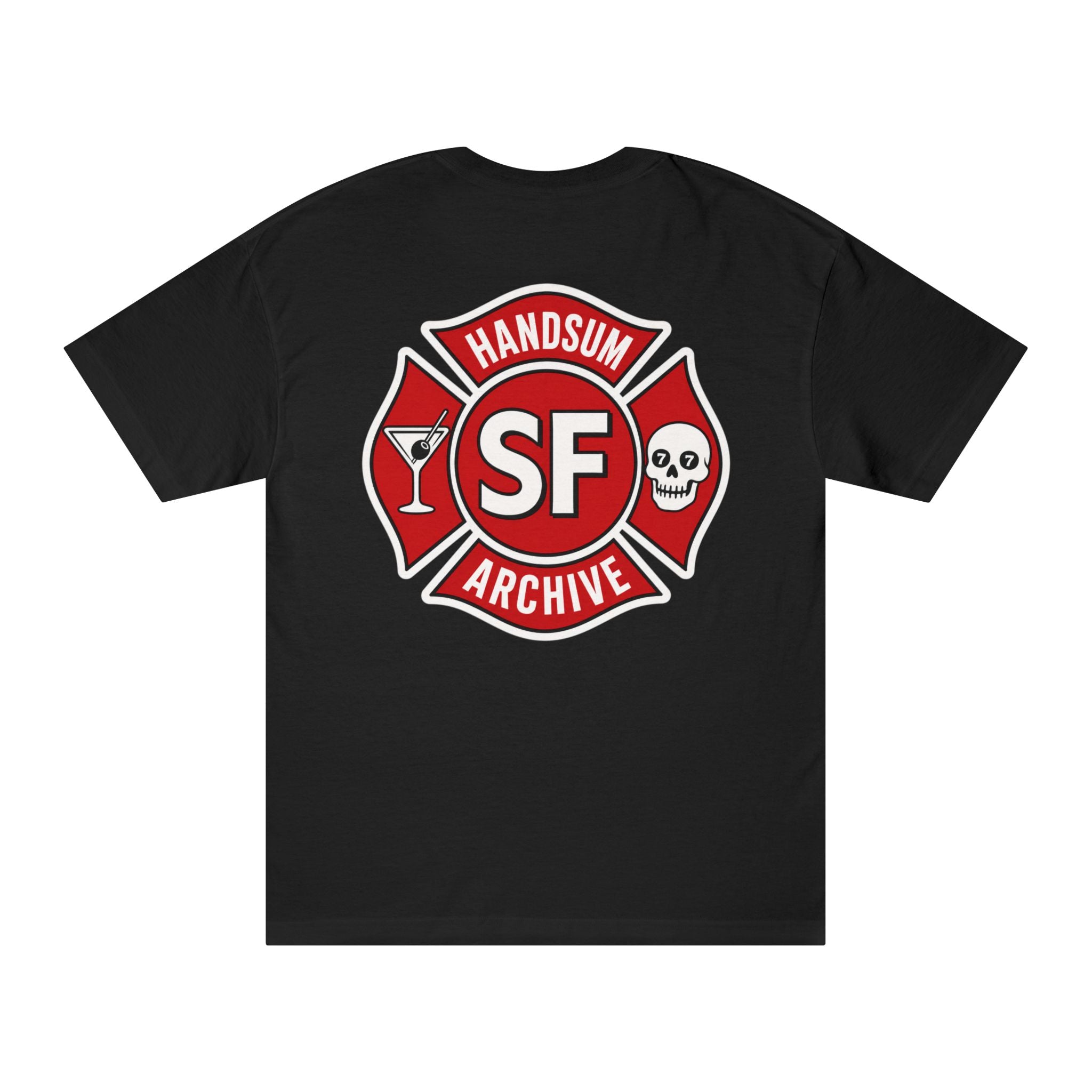 Black T-shirt back view with red and white SF badge logo