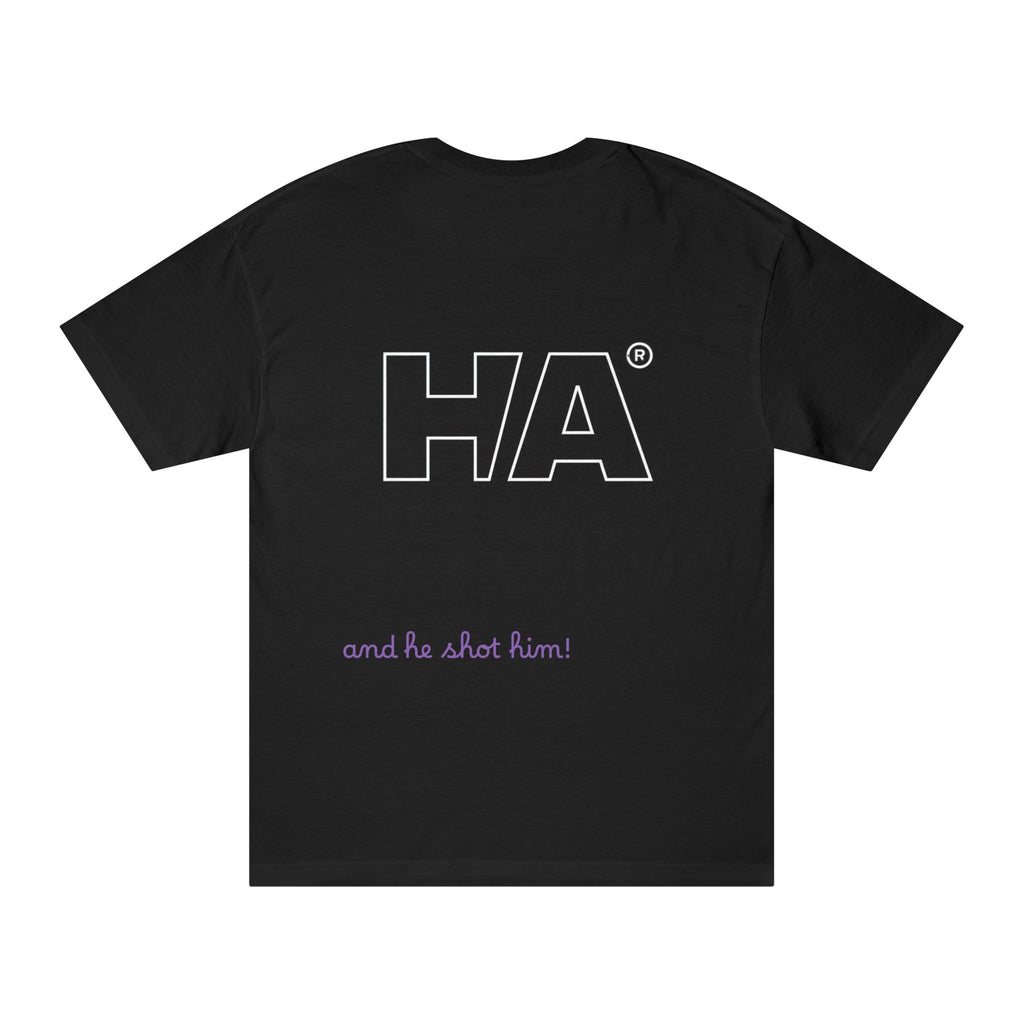 Black crew neck T-shirt with large HA logo print and small script text below