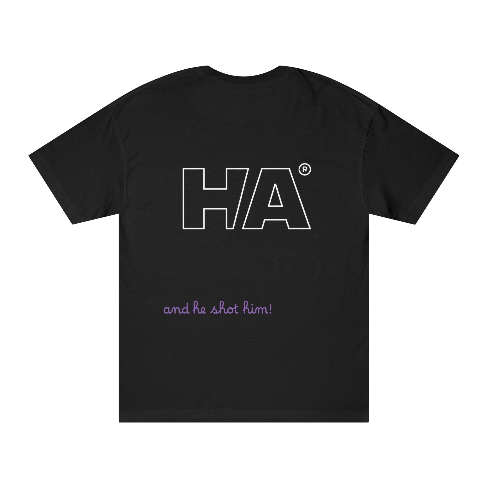 Black crew neck T-shirt with large HA logo print and small script text below