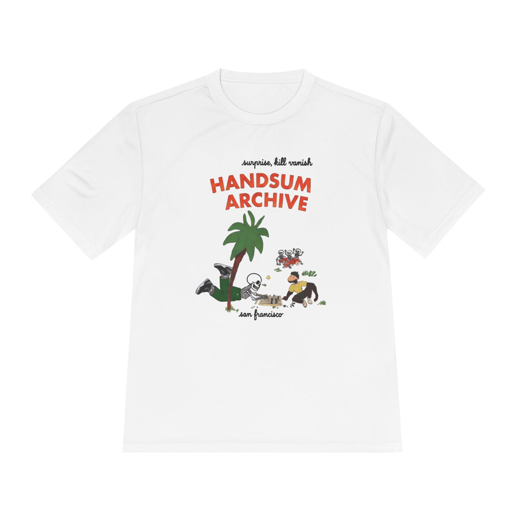 White moisture-wicking tee front with 'HANDSUN ARCHIVE' graphic on a hanger.