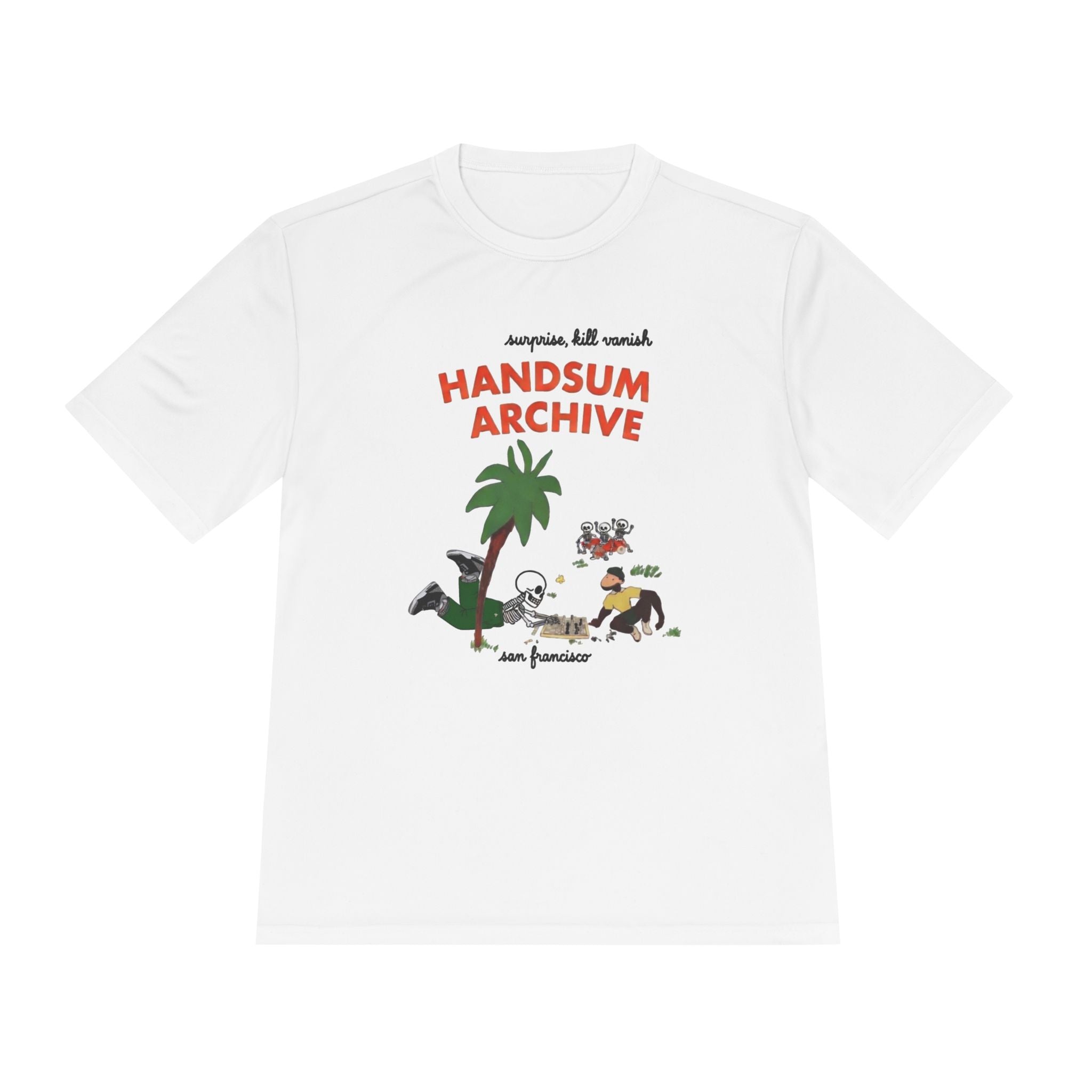 White moisture-wicking tee front with 'HANDSUN ARCHIVE' graphic on a hanger.