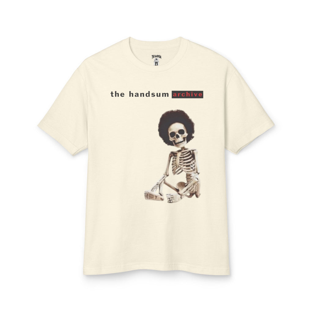 Warning Tee faded cream T-shirt with front skeleton graphic and 'the handsum archive' logo