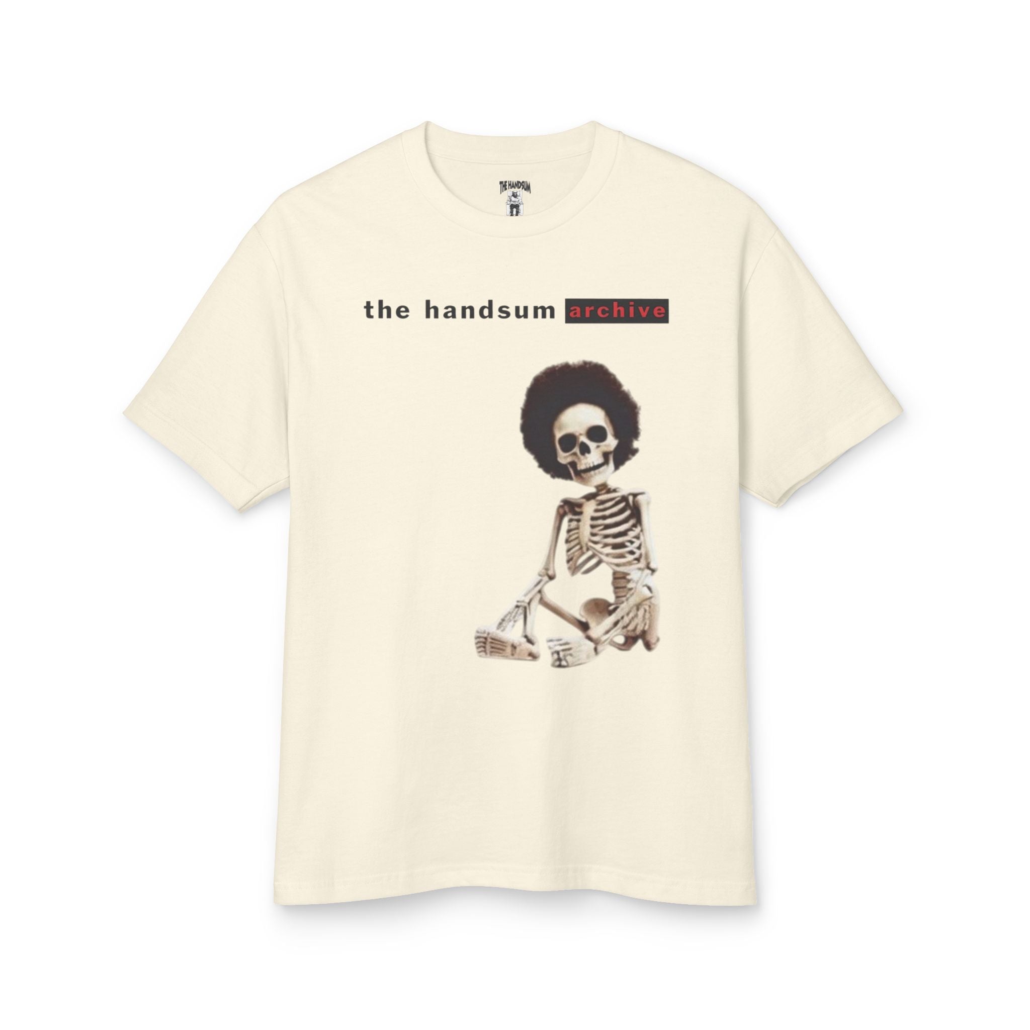 Warning Tee faded cream T-shirt with front skeleton graphic and 'the handsum archive' logo