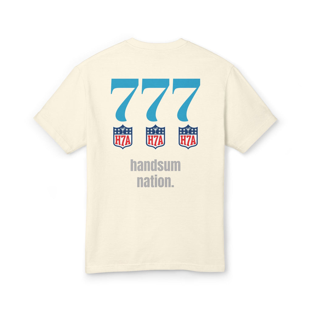 Cream T-shirt back view with “777” graphic and “handsum nation” text below