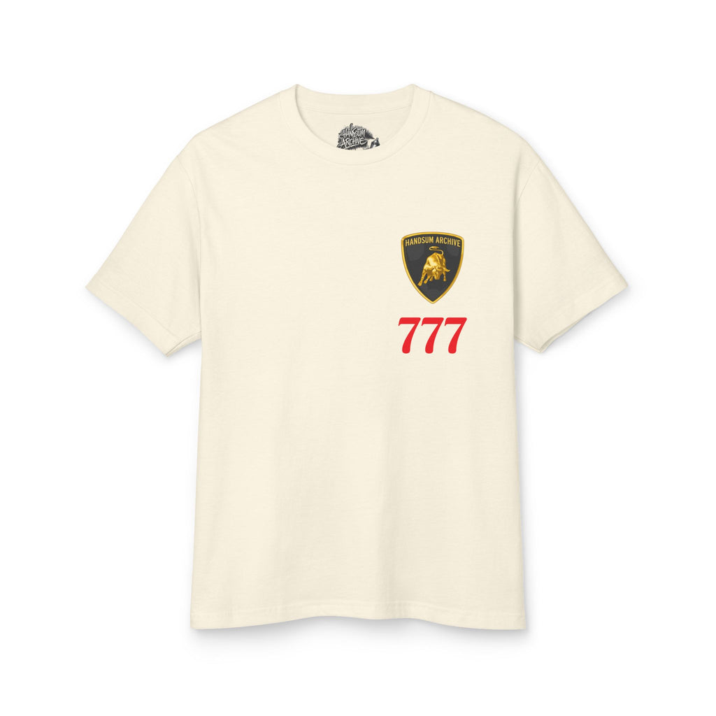 Light cream crewneck T-shirt with shield logo and red 777 on front