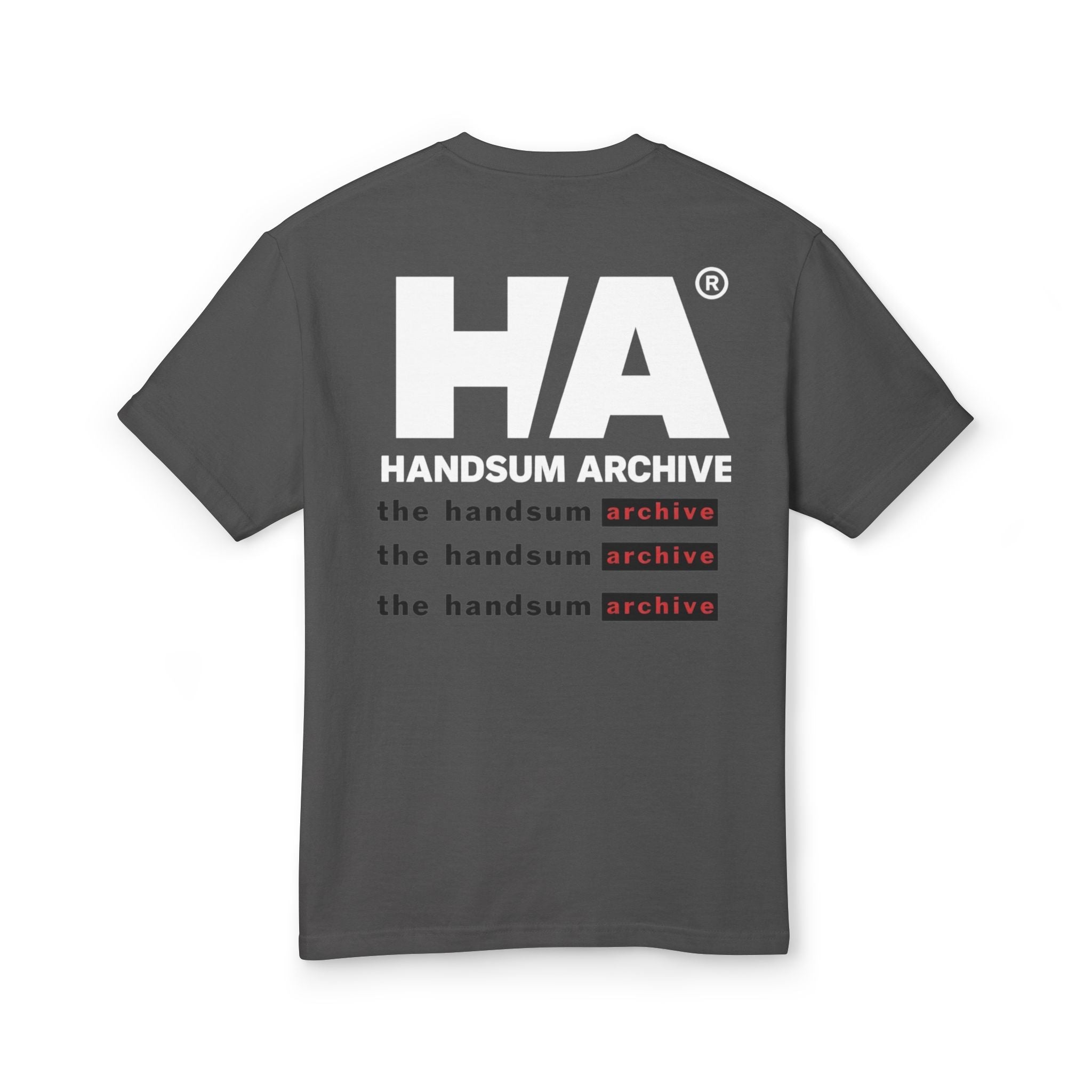 Faded black gang tee, flat lay back showing "HA HANDSUM ARCHIVE" print