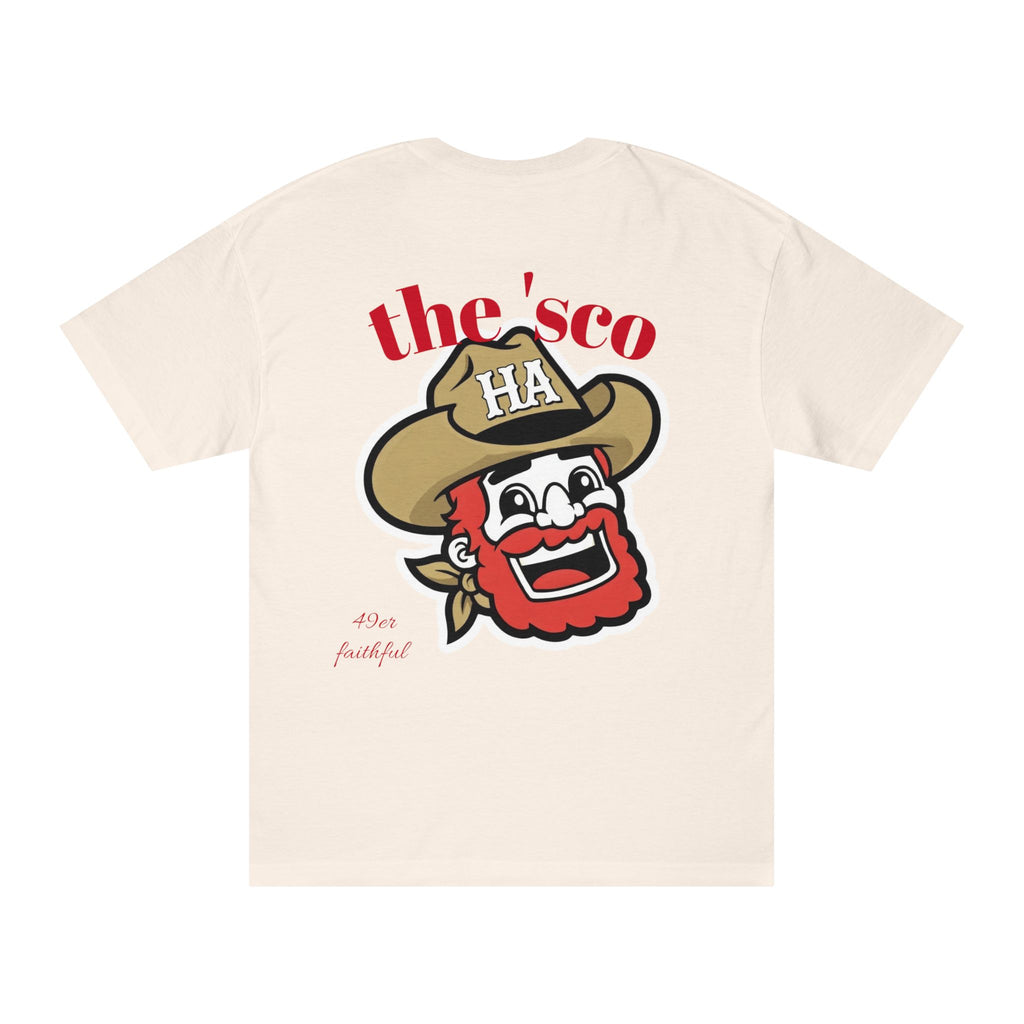 Light cream crewneck T-shirt with red "the'sco" text and cartoon mascot graphic on back