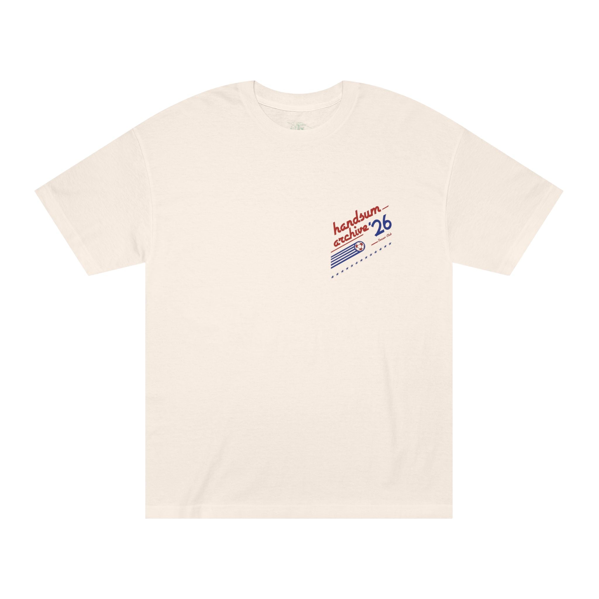 Light cream short-sleeve tee with small chest graphic logo