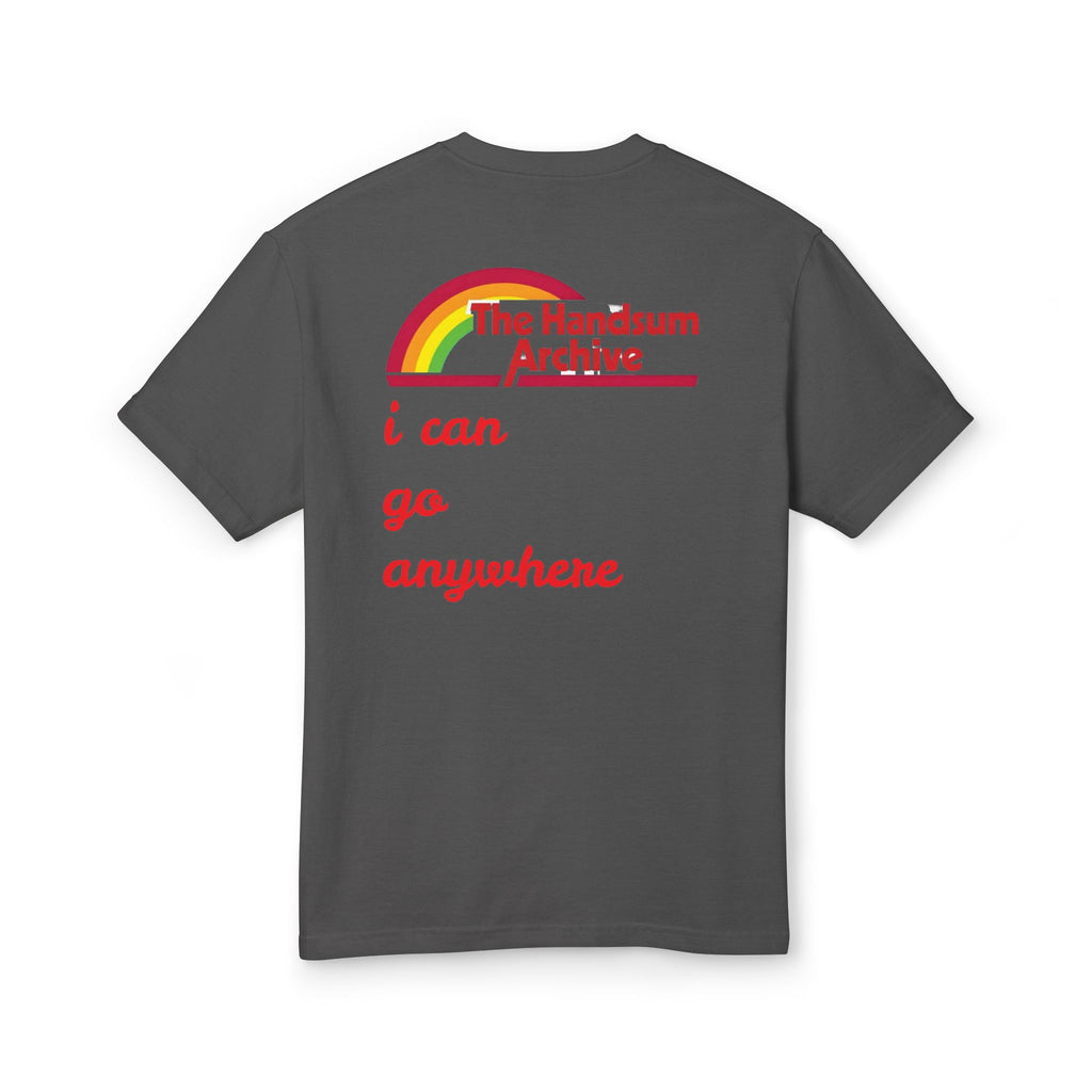 Dark gray T-shirt back with rainbow logo and red slogan text: i can go anywhere