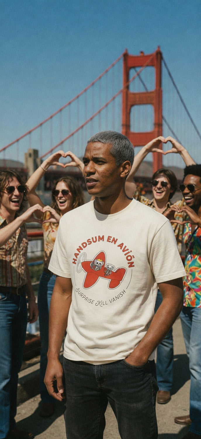 First in Flight tee, faded cream crewneck with red handsum graphic on chest