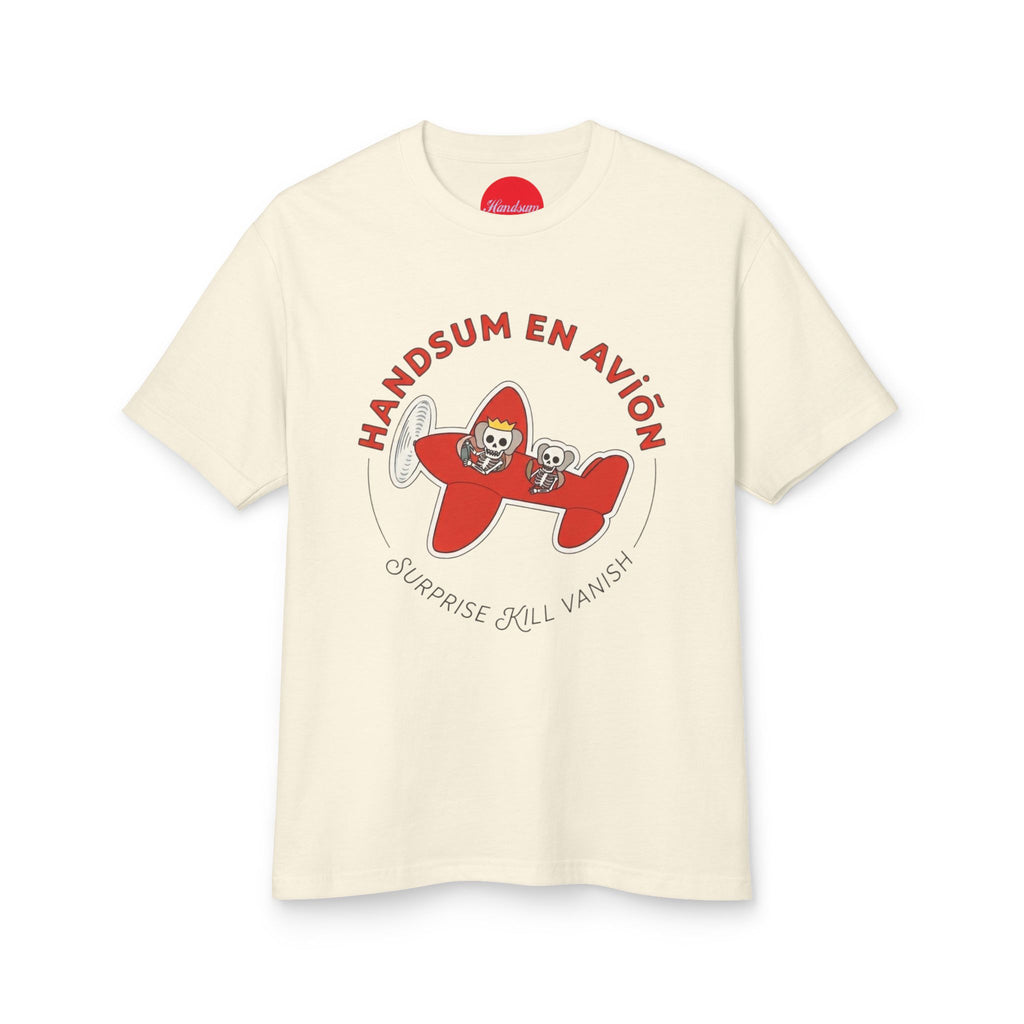 First in Flight tee in faded cream with red handsum avio center logo print