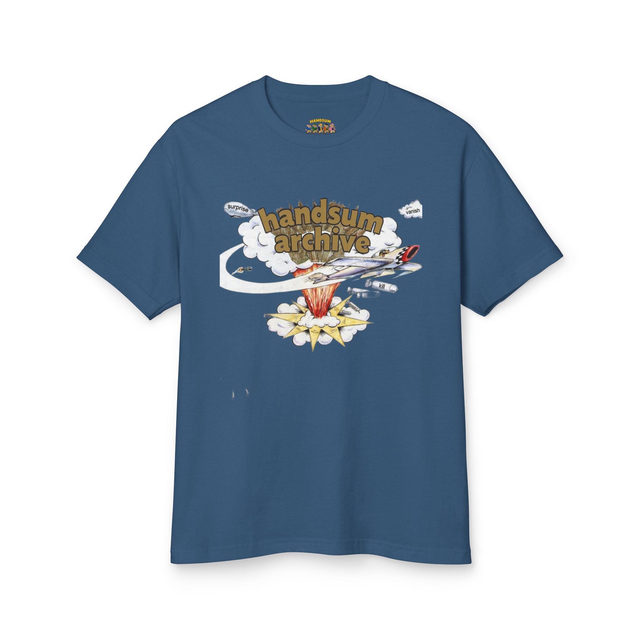 Blue graphic tee with handsum archive artwork on the front