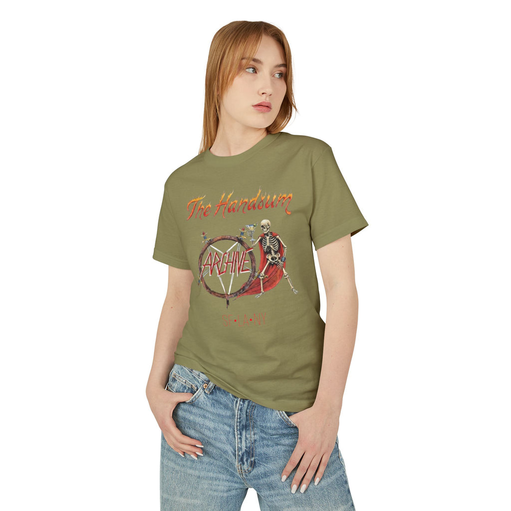 Faded army green generational tee with skeleton ring graphic and The Handsum