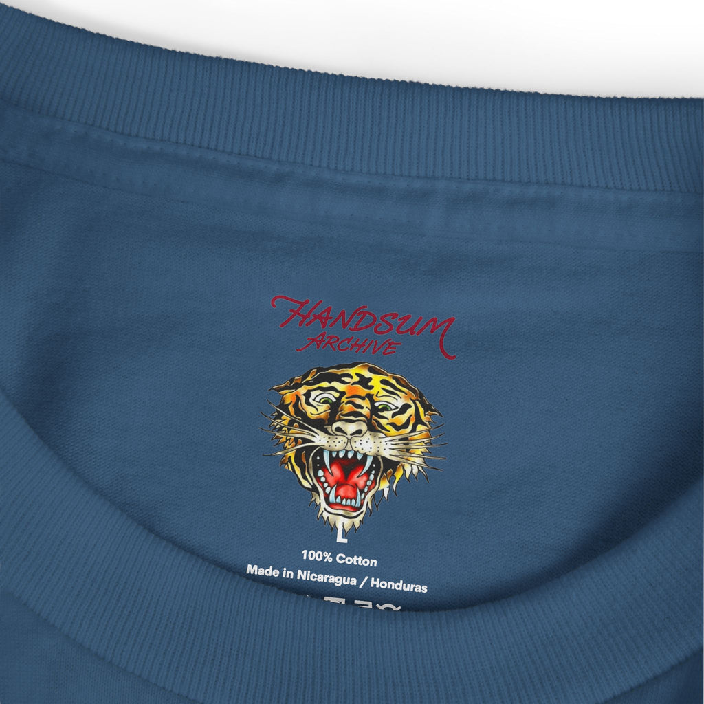 Blue cotton T-shirt neckline with tiger head logo and 100% cotton text