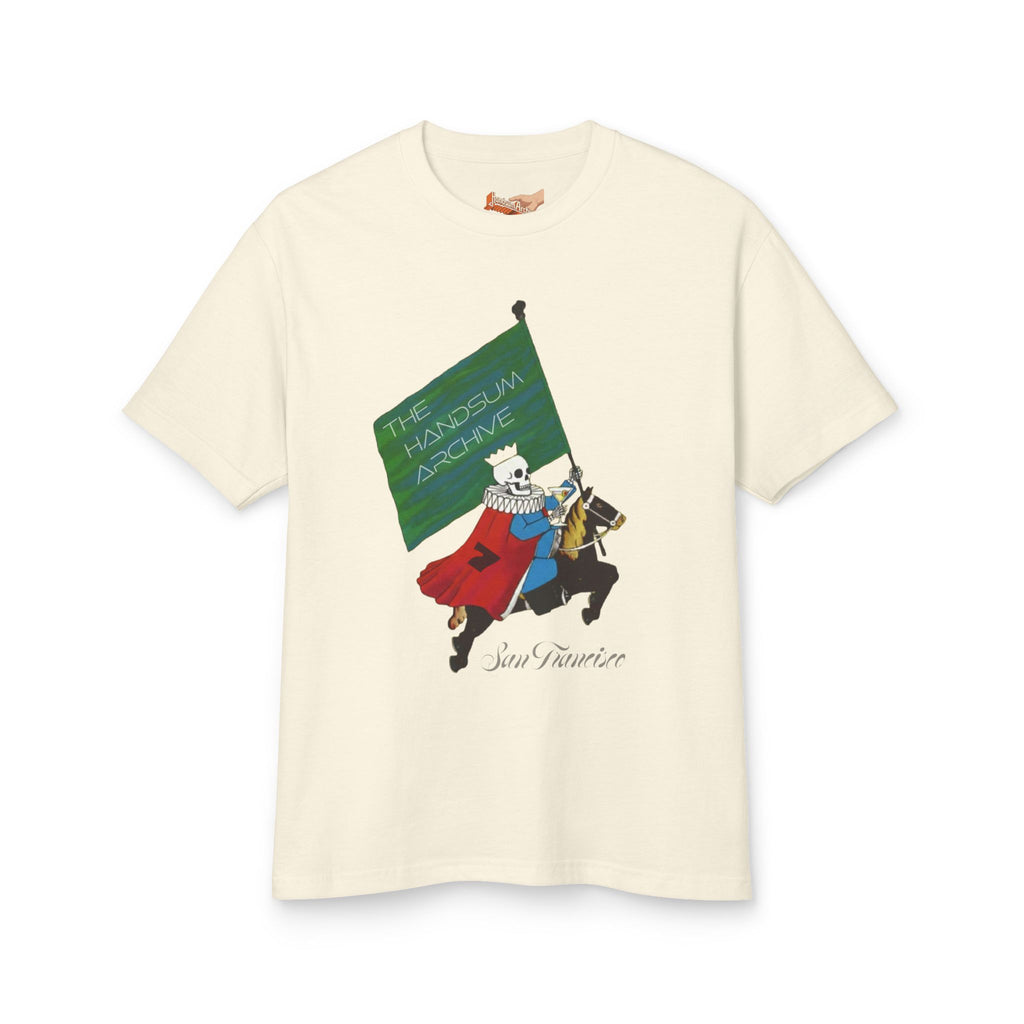 Cream crewneck tee with knight and “San Francisco” front graphic.
