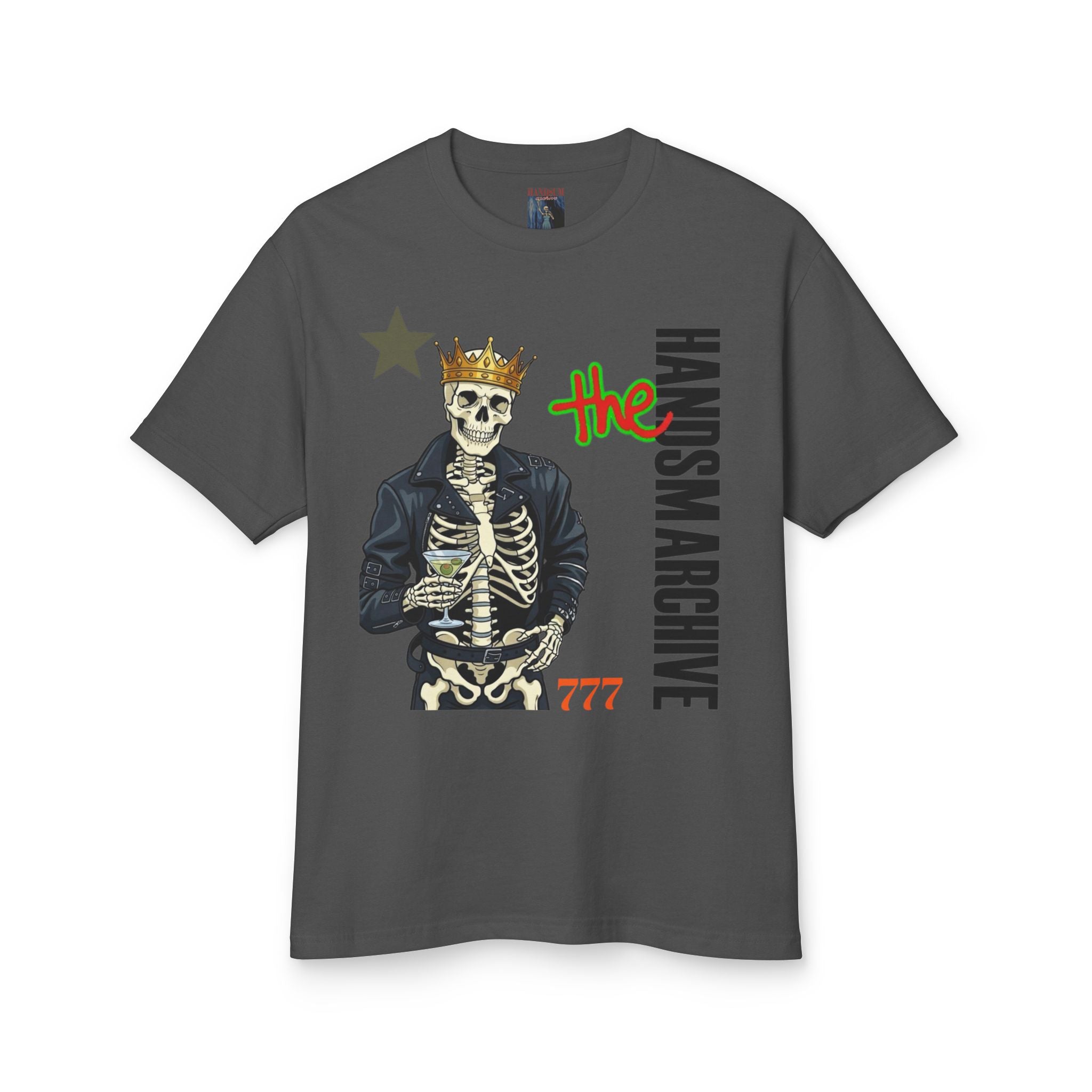 Dark gray crewneck T-shirt with skeleton king graphic and The Handsmarchive lettering