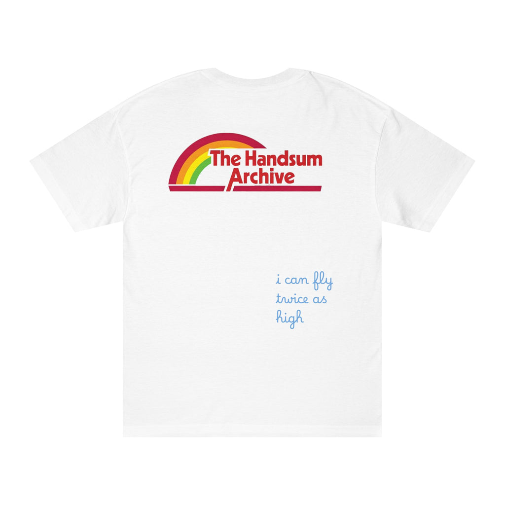 White crewneck T-shirt with back rainbow logo and text i can fly twice as high