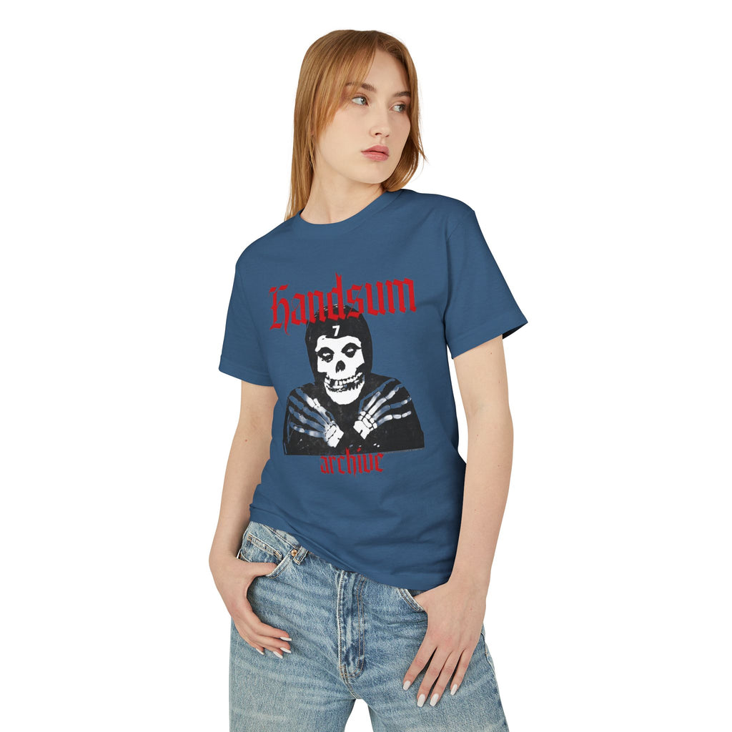 Blue graphic crewneck T-shirt with skull portrait and red logo print on front