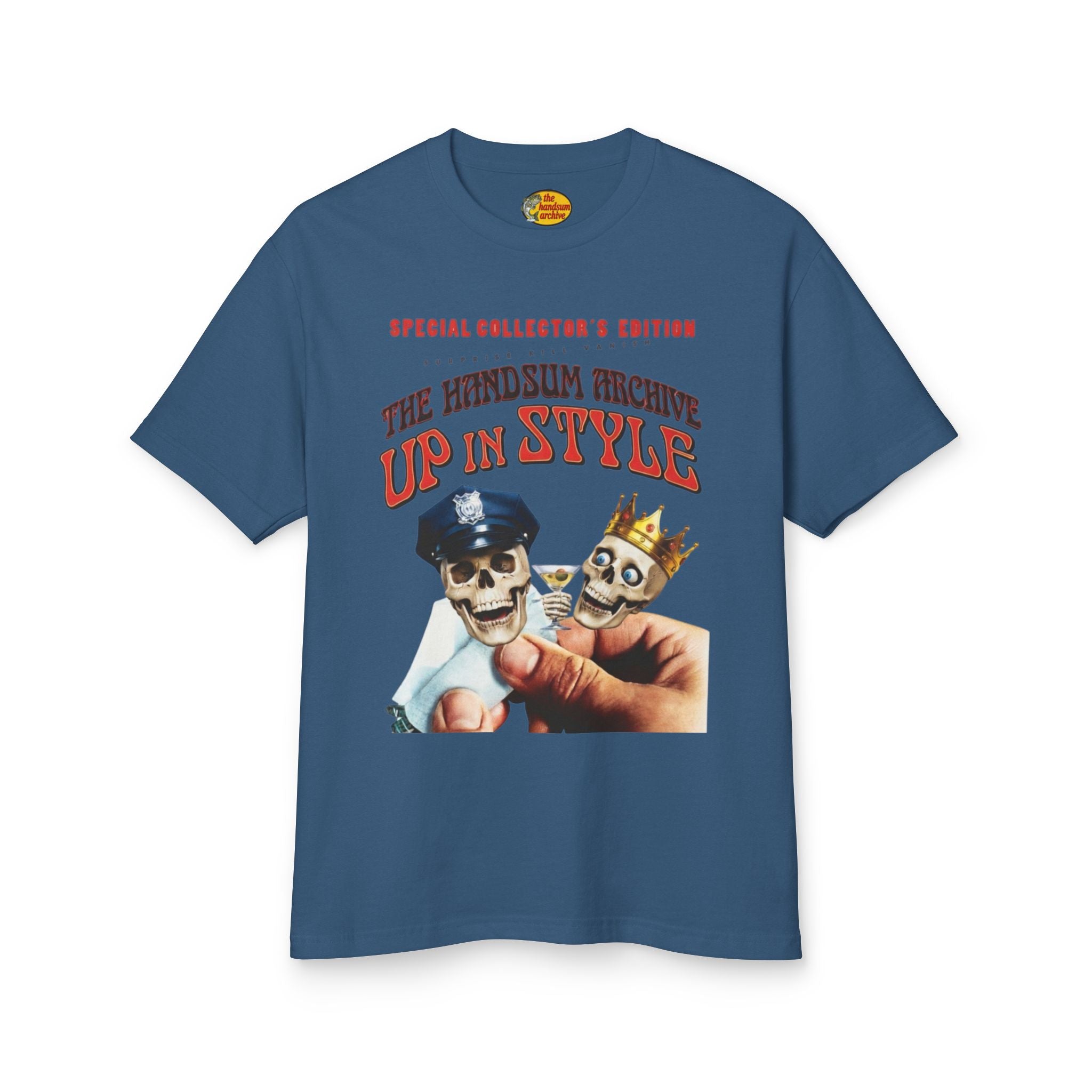 Blue crewneck T-shirt with front graphic print of two skulls wearing a cap and crown.