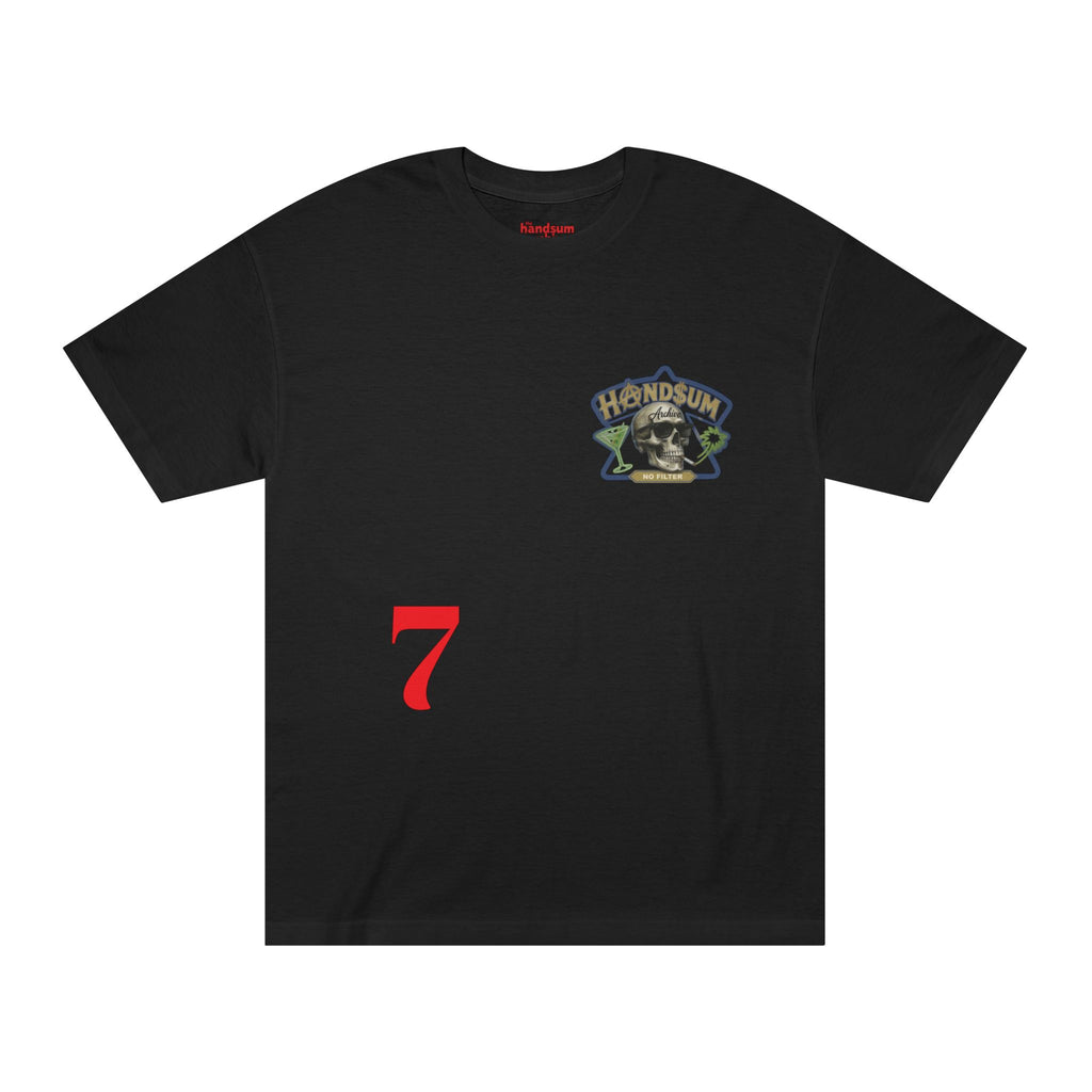 Black graphic T-shirt with motorcycle skull patch logo and red number 7 on front