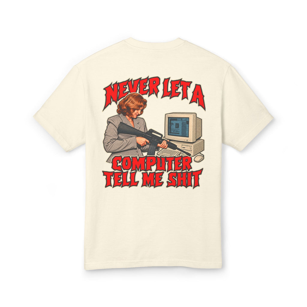 Cream graphic tee with large back graphic text and computer illustration