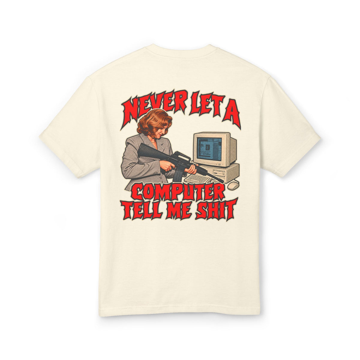 Cream graphic tee with large back graphic text and computer illustration
