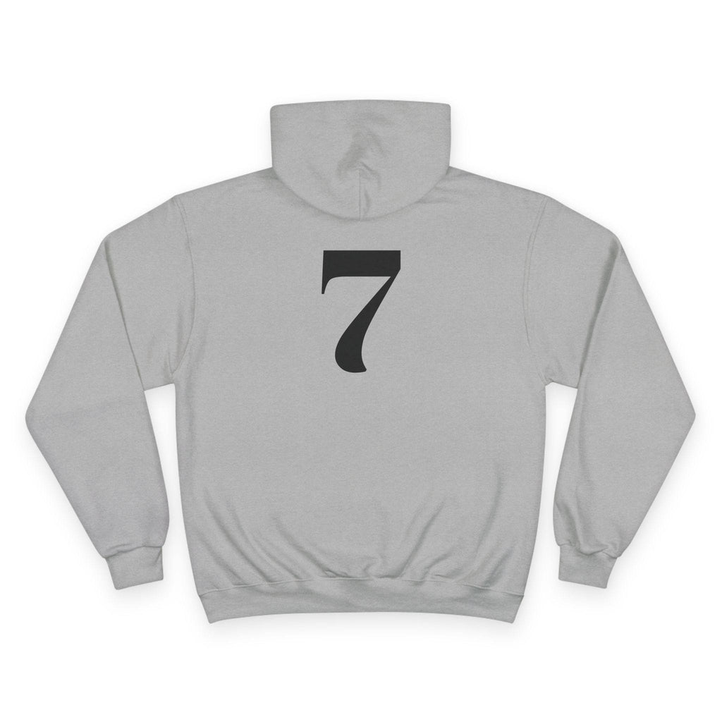 Stone grey hoodie with large black 7-style emblem and kangaroo pocket