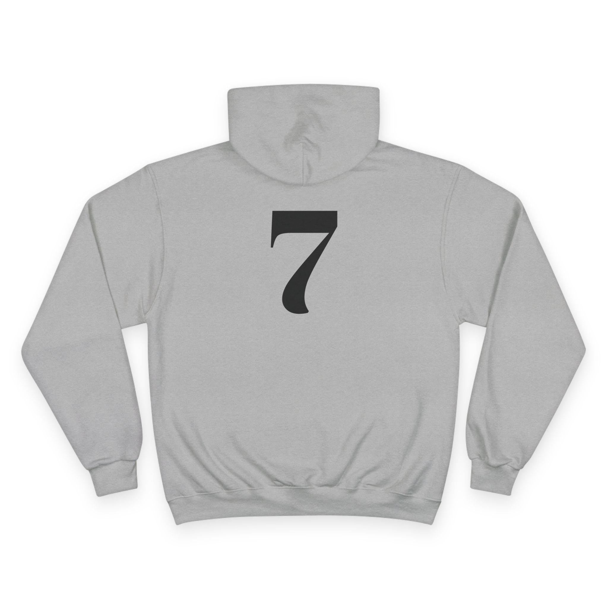 Stone grey hoodie with large black 7-style emblem and kangaroo pocket