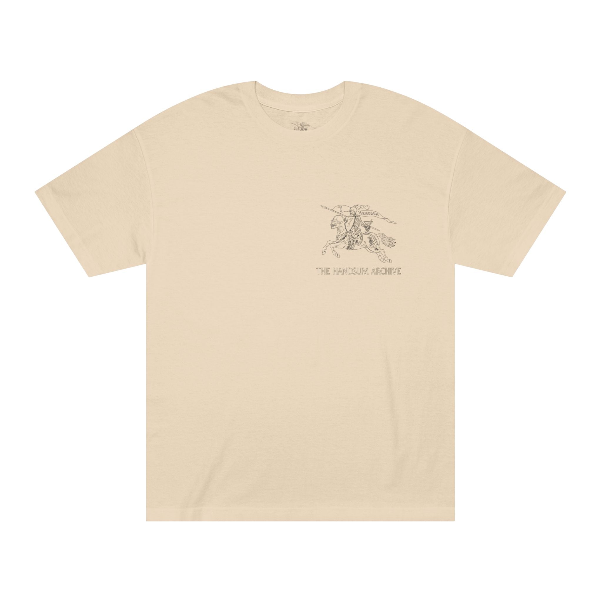 Handsum Island T-shirt, sand-beige crewneck with small chest line-art graphic.