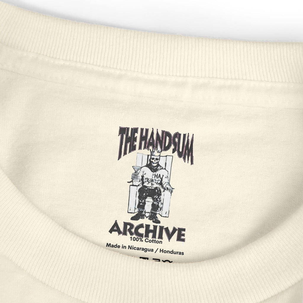 Cream cotton graphic T-shirt, ribbed crew neck and printed “ARCHIVE” logo on chest