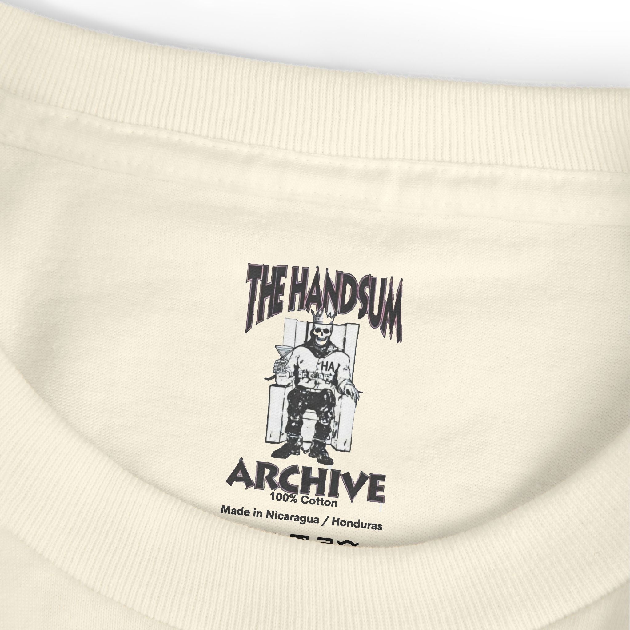 Cream cotton graphic T-shirt, ribbed crew neck and printed “ARCHIVE” logo on chest