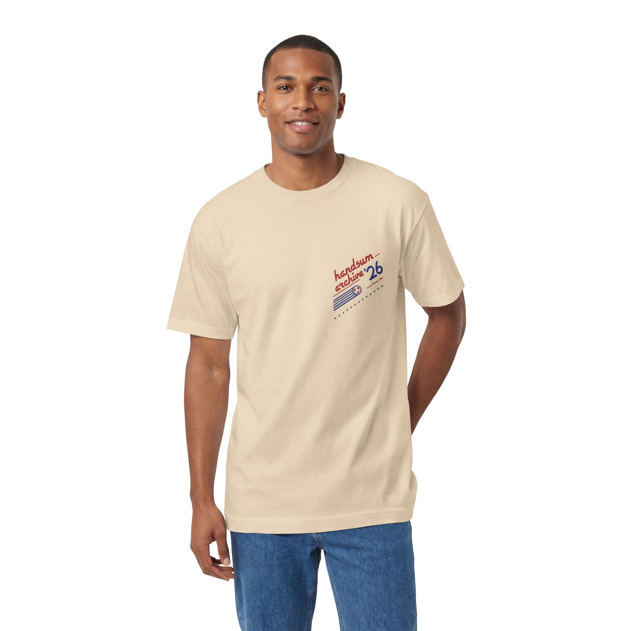 Beige crewneck T-shirt with small chest logo graphic print.