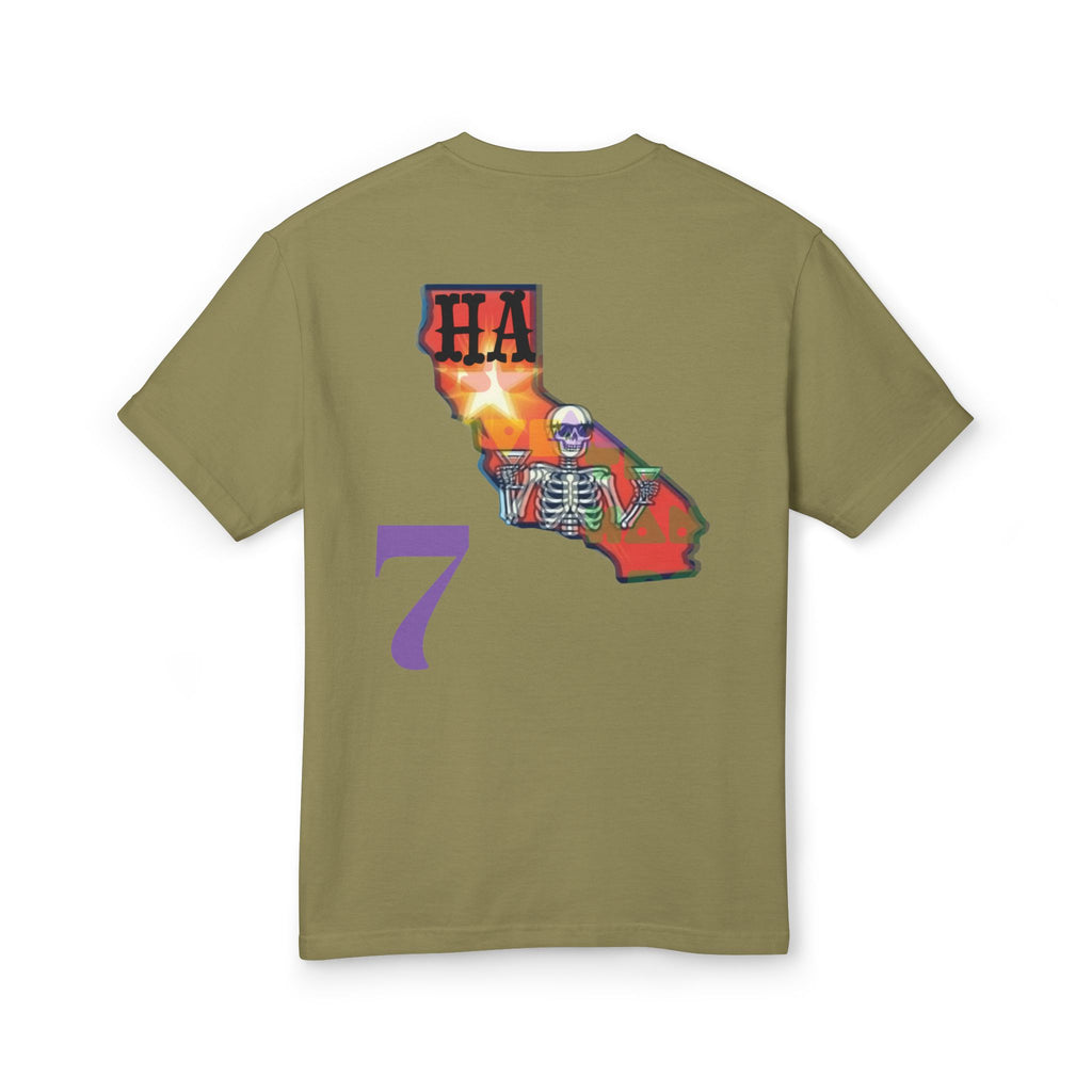 Olive concert T-shirt, back graphic with skeleton figure and state outline