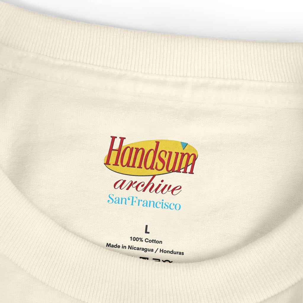 Cream T-shirt crew-neck closeup; 'Handsnum Archive' size L label