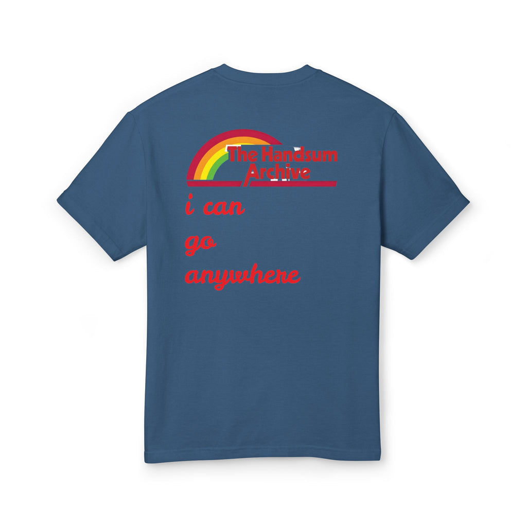 Blue T-shirt back with rainbow logo and red slogan text: i can go anywhere
