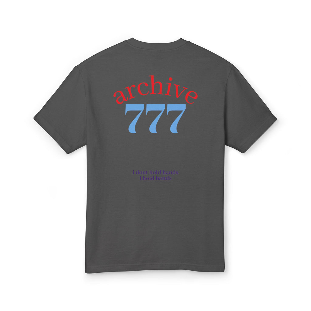 Back of dark gray graphic T-shirt with red and blue "archive 777" print