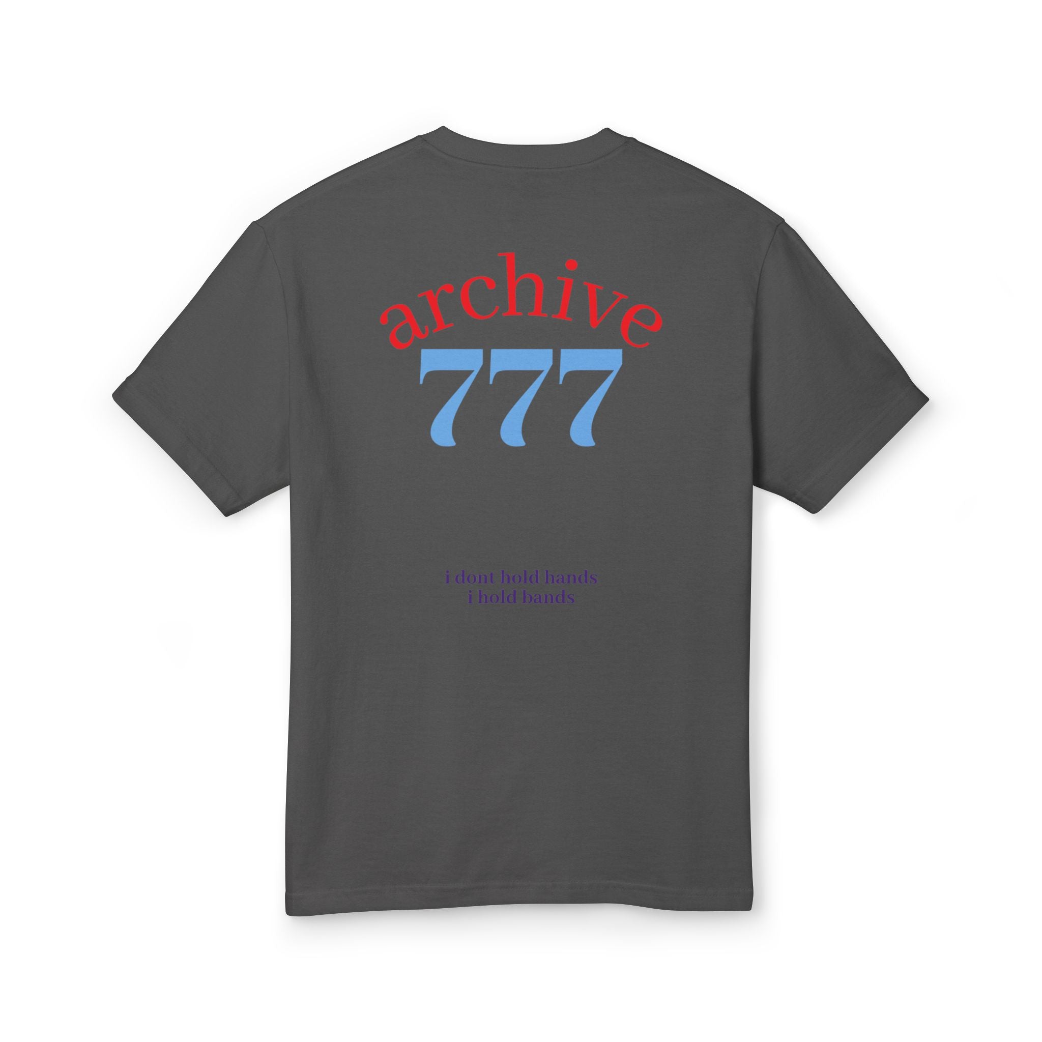 Back of dark gray graphic T-shirt with red and blue "archive 777" print