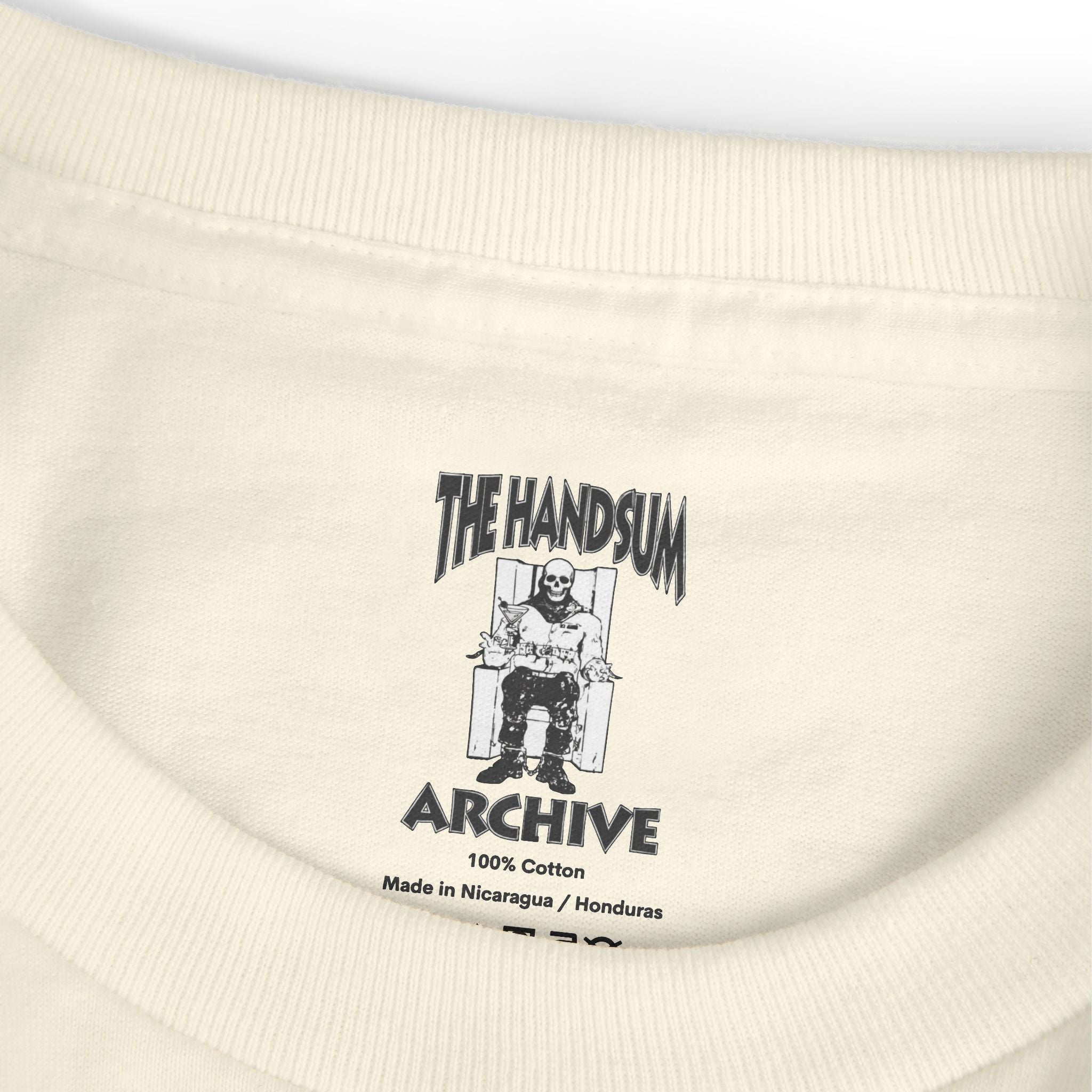 Warning Tee ribbed neckline with printed 'The handsum Archive' label on hem