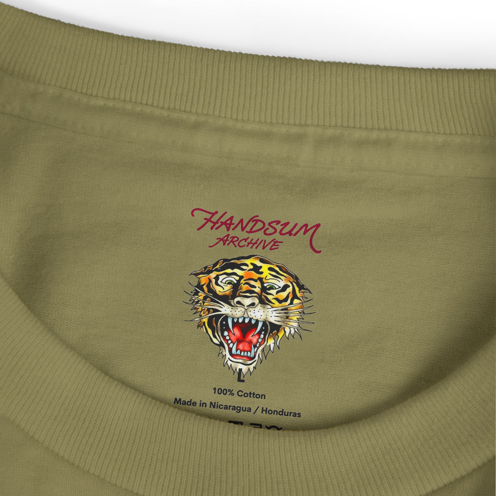 Olive cotton T-shirt with tiger head graphic on chest, crew neck