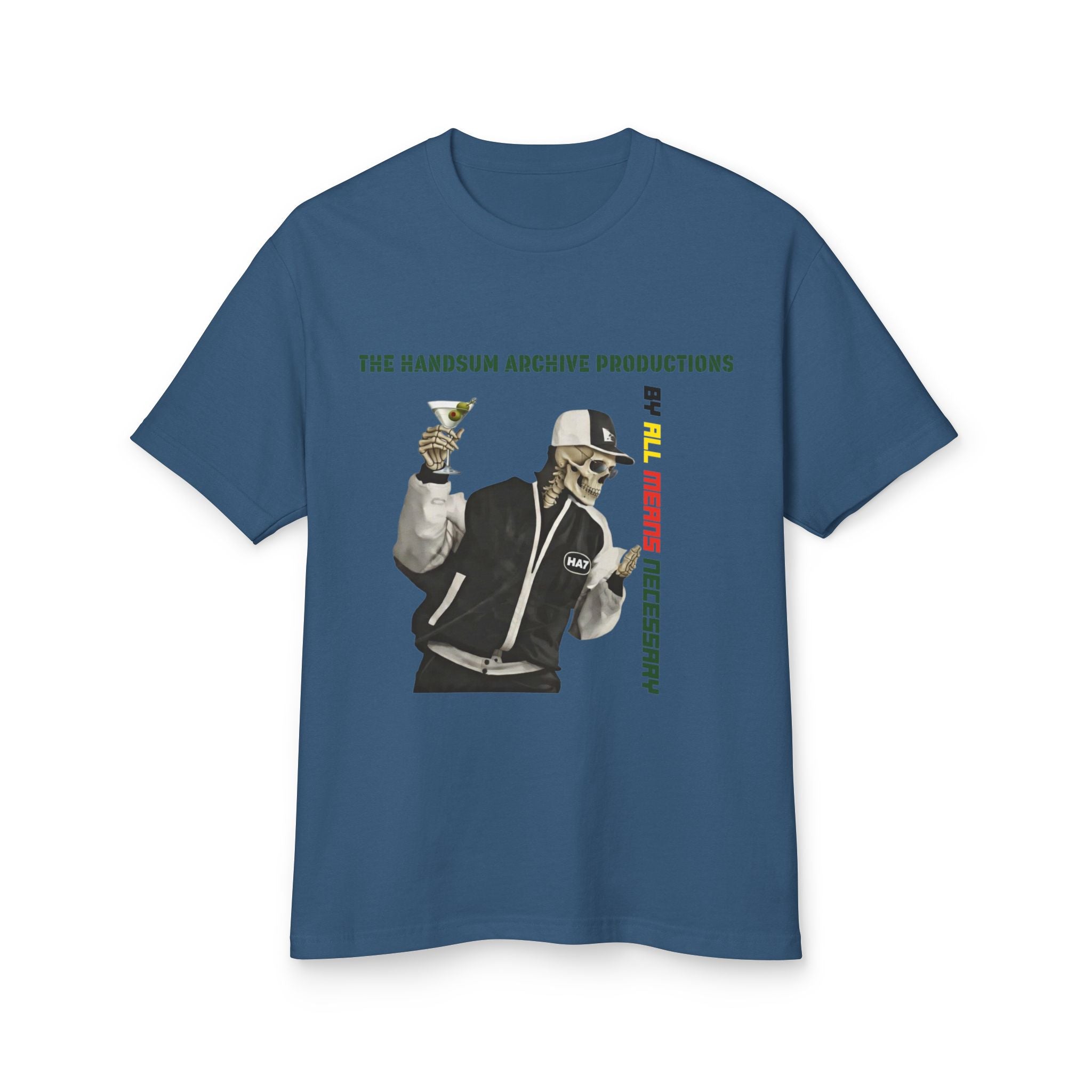 Blue graphic T-shirt with illustrated character and vertical wordmark print