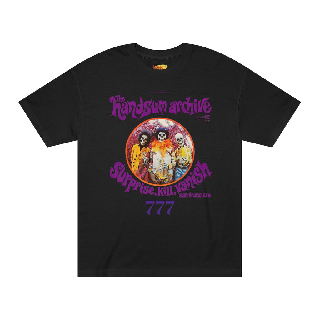 Black T-shirt with purple logo and skull circle graphic, short sleeves
